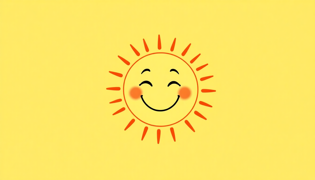 Smiling sun illustration on yellow background representing summer skincare protection and care