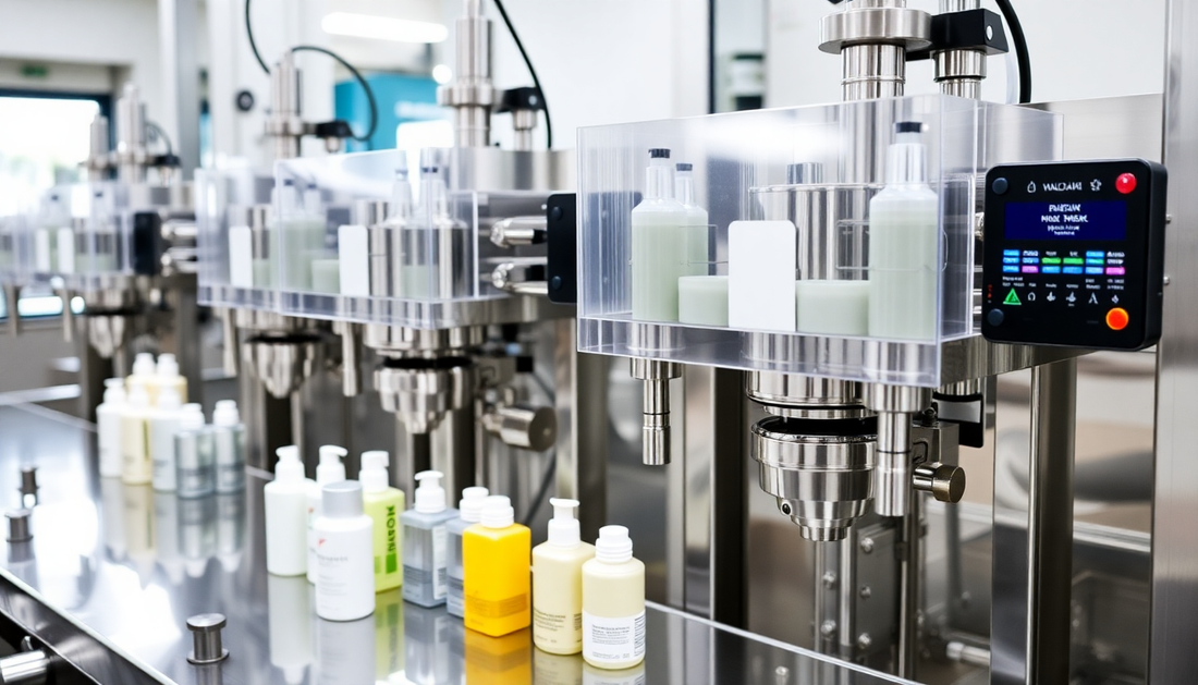 Automated production line filling bottles for the best skincare products in a clean manufacturing facility