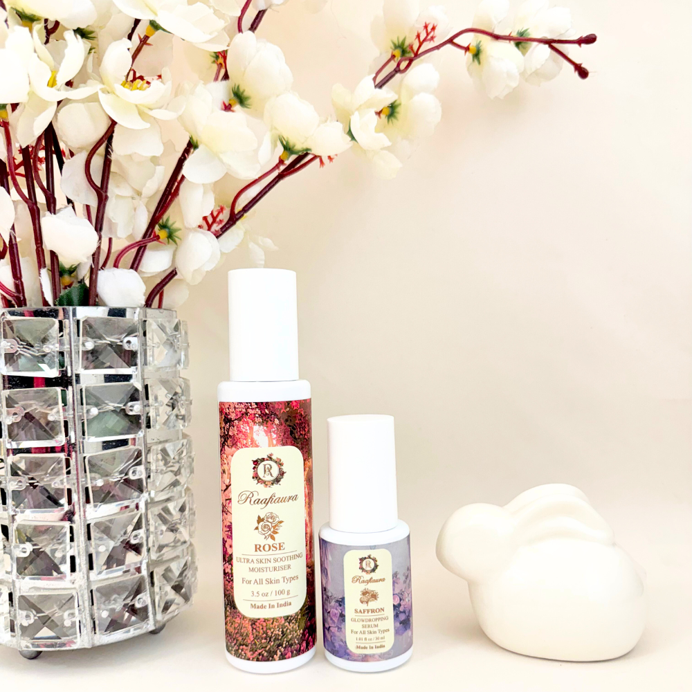 Raafiaura hydration glow duo with rose moisturizer and saffron serum for radiant skin treatment