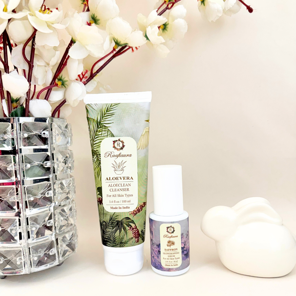Raafiaura purify brighten duo consisting of Aloe Vera Cleanser and Serum in elegant packaging