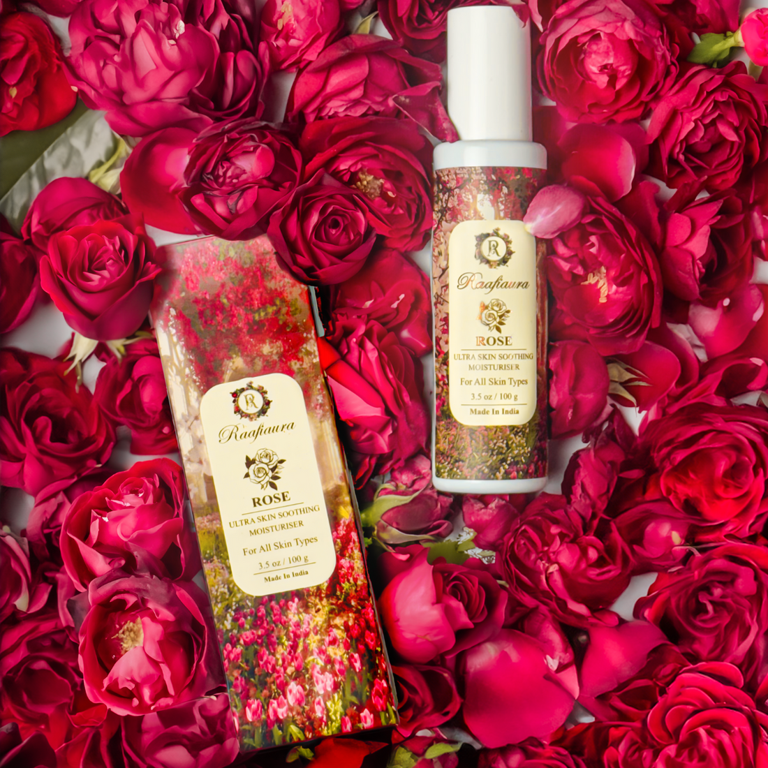 Rose moisturizer bottle surrounded by vibrant pink rose petals on a floral backdrop