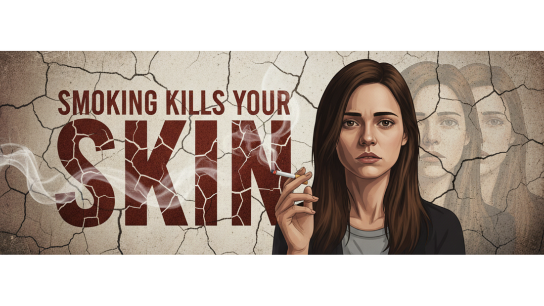 Illustration showing the effects of smoking on your skin with a woman holding a cigarette