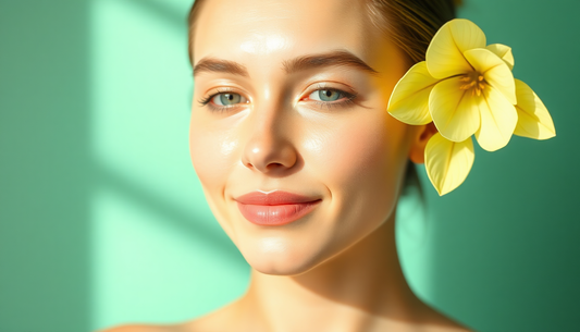 Woman with glowing skin and a flower, illustrating how to layer your cleanser, serum, and moisturizer for glowing skin