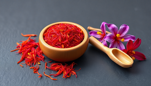 Vibrant Saffron Serum Ingredients with Saffron Threads and Flowers in a Wooden Bowl