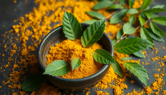 Bowl of turmeric powder surrounded by neem leaves representing Neem and Turmeric Acne Pimple Patches ingredients|Raafiaura