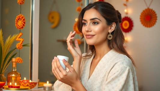 Young woman applying moisturizer while preparing for skincare during festive season with candles and decor