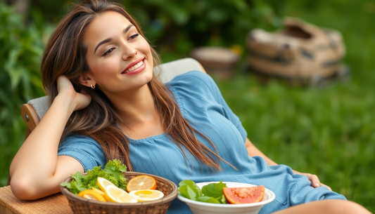 Young woman smiling outdoors with fresh fruits and greens representing lifestyle for glowing skin-Raafiaura