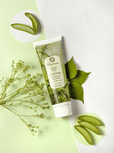 Raafiaura Aloe vera face cleanser surrounded by aloe leaves and floral accents for fresh skin care