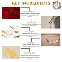 Raafiaura Skin Soothing Rose Moisturiser featuring key ingredients like rose extract and ceramide for hydration