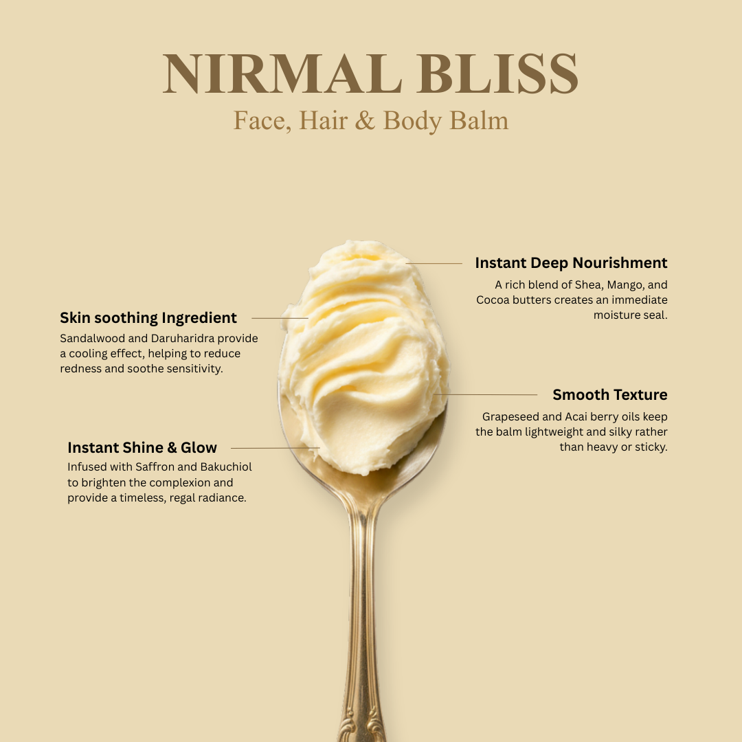 Nirmal Bliss Face, Body and Hair Balm on a spoon highlighting smooth texture and nourishing ingredients