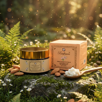 Raafiaura Nirmal Bliss Face, Body and Hair Balm in a gold jar with packaging on a natural backdrop