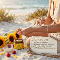 Raafiaura Sunveda Aqua Sunscreen application instructions with sunflowers on a beach