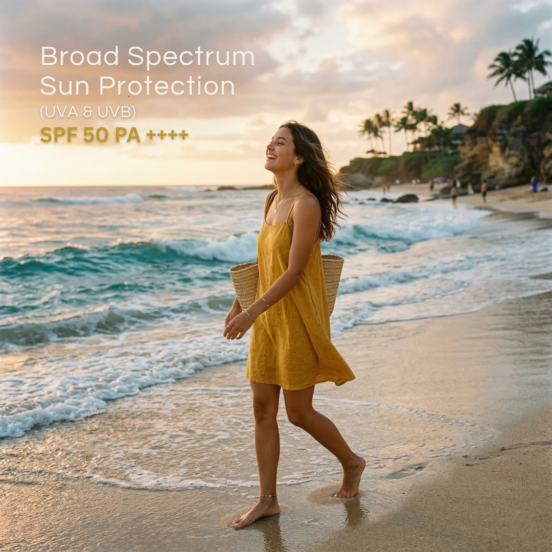 Model enjoying the beach wearing a sundress with Sunveda Aqua Sunscreen for broad spectrum protection