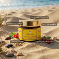 Raafiaura Sunveda Aqua Sunscreen in a jar providing hydration and antioxidant protection on a beach setting