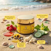 Raafiaura Sunveda Aqua Sunscreen with Red Raspberry Seeds Oil and Fresh Cucumber Extract on a beach setting