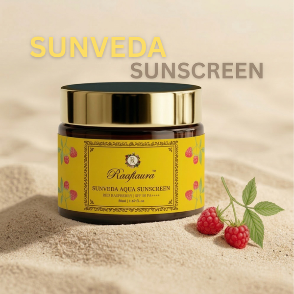 Raafiaura Sunveda Aqua Sunscreen Jar with Raspberry Extract for SPF Protection in Sandy Background