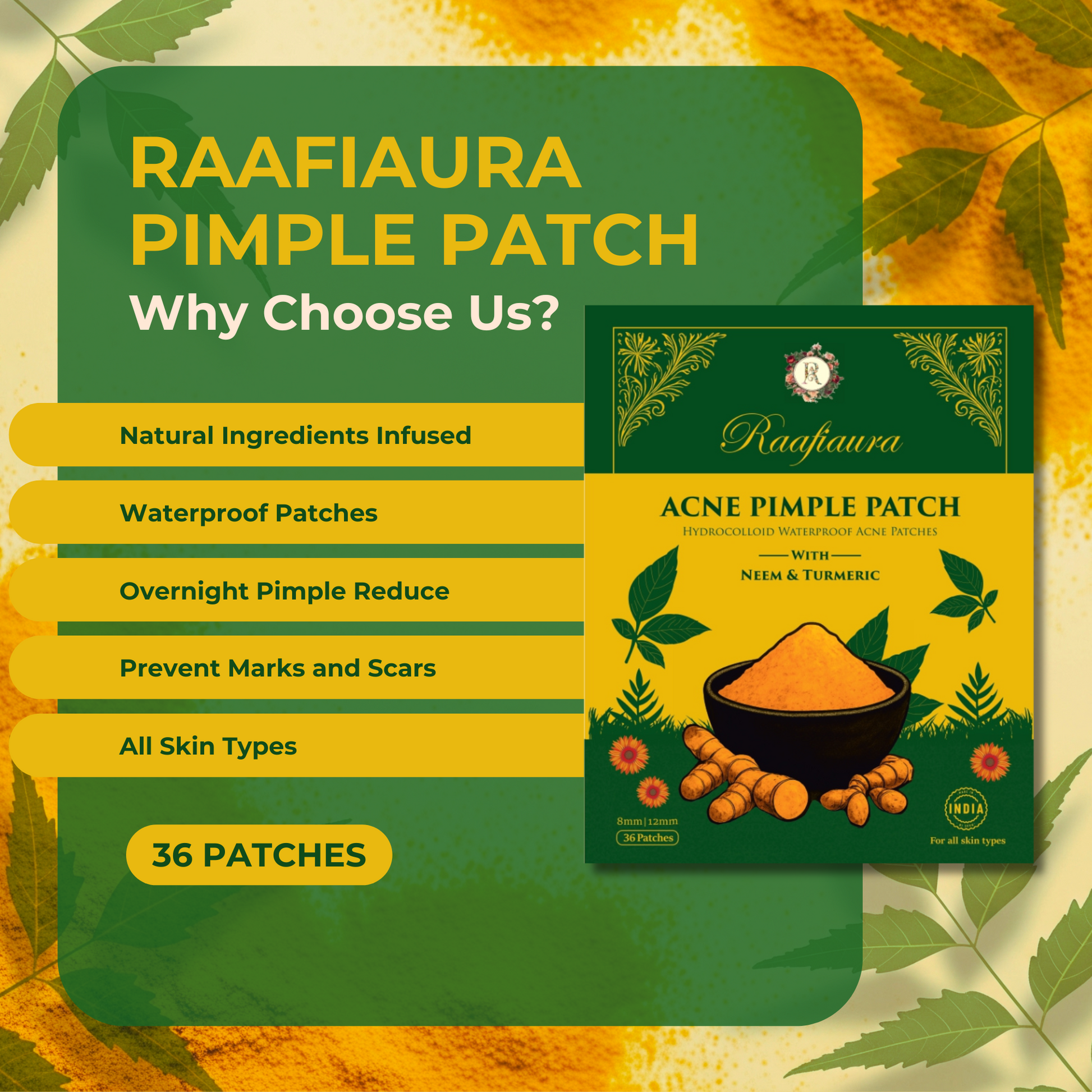 Raafiaura Best Acne Pimple Patches infused with natural ingredients neem and turmeric for all skin types