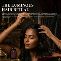 Raafiaura Crown Calming Champi Oil being applied to scalp for a luminous hair ritual