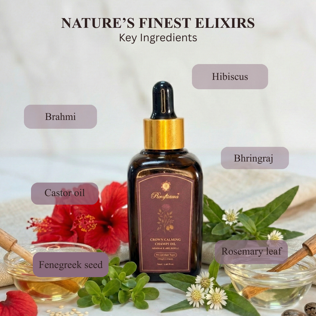 Raafiaura Crown Calming Champi Oil with key ingredients like Hibiscus and Brahmi for hair care
