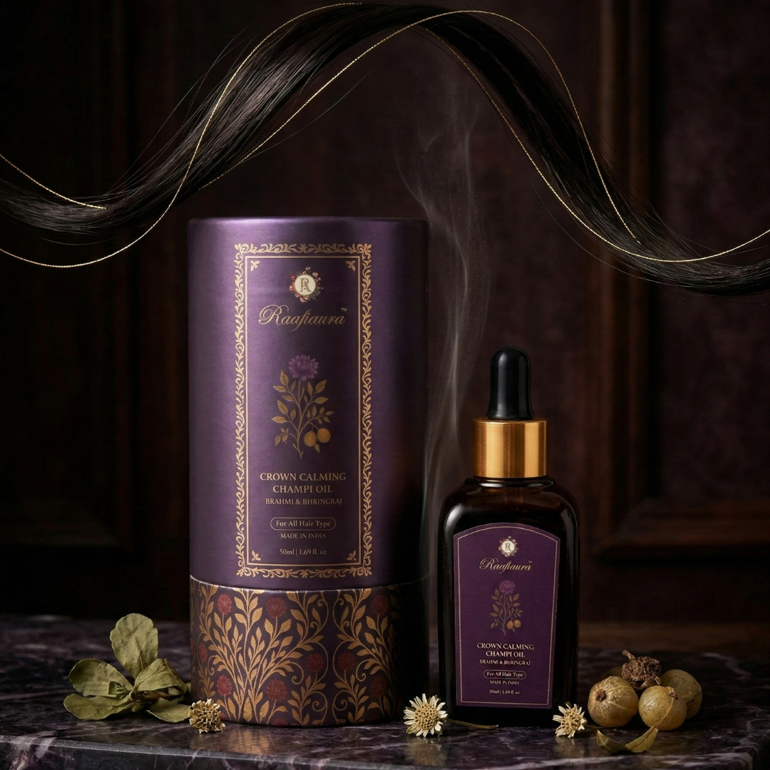Raafiaura Crown Calming Champi Oil in elegant packaging with a dropper for soothing hair care