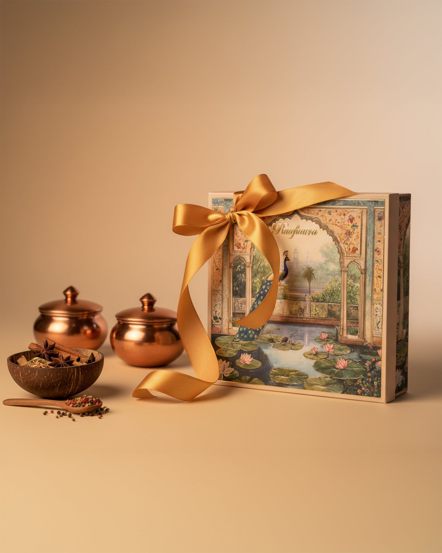 Raafiaura Gifting Box Celestial Glow beautifully wrapped with a ribbon, featuring spices and copper containers