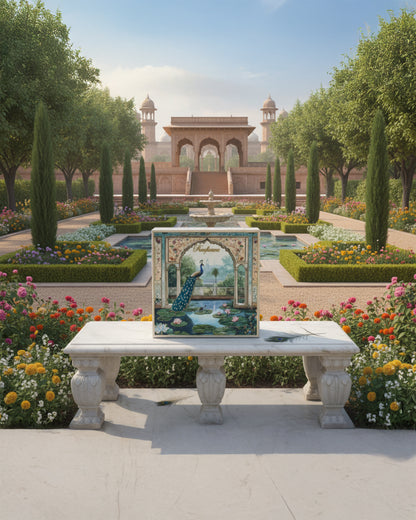 Raafiaura Gifting Box Celestial Glow displayed in a beautiful garden landscape with vibrant flowers