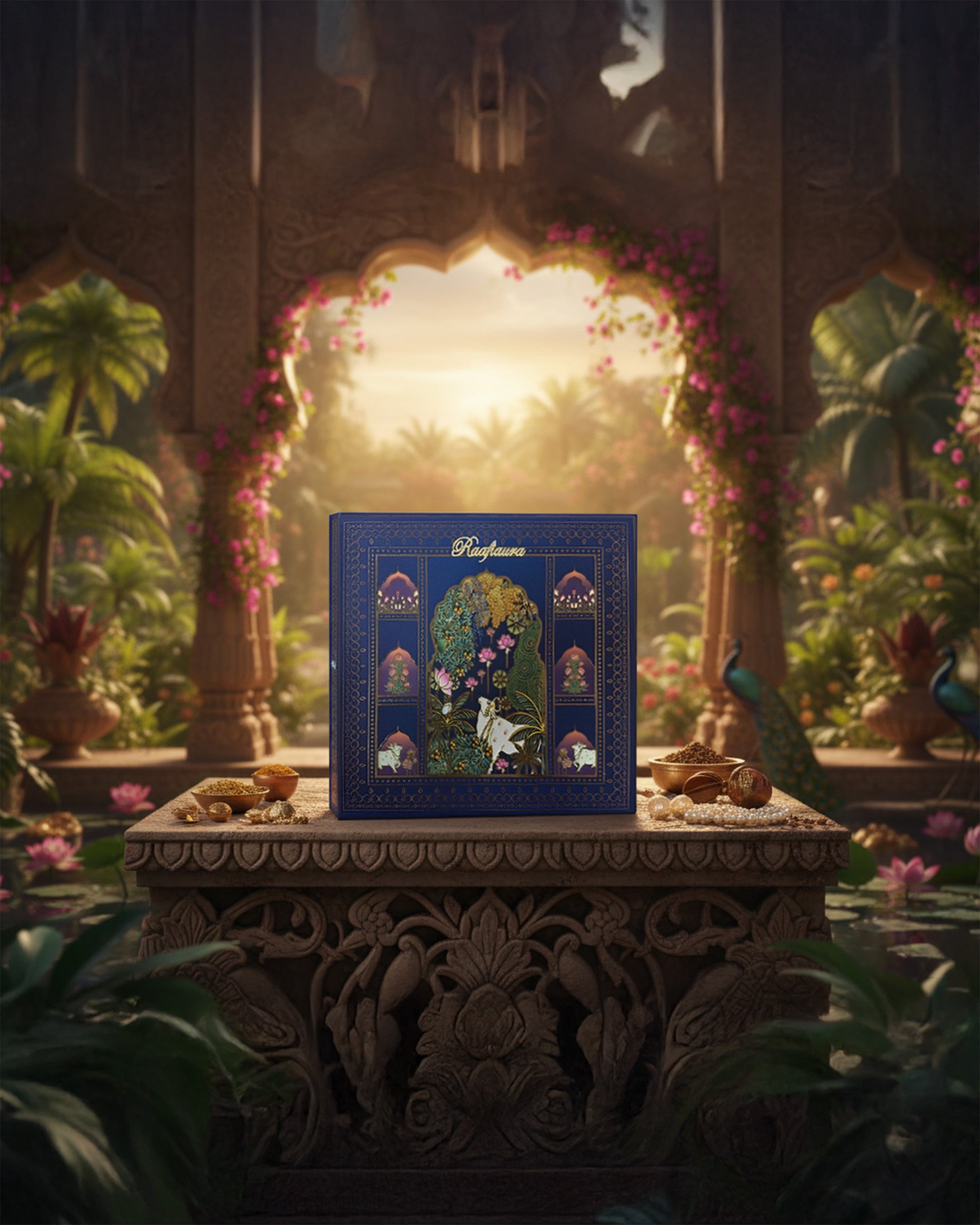 Raafiaura Gifting Box Divine Blossom displayed in a lush, exotic setting surrounded by greenery and intricate architecture