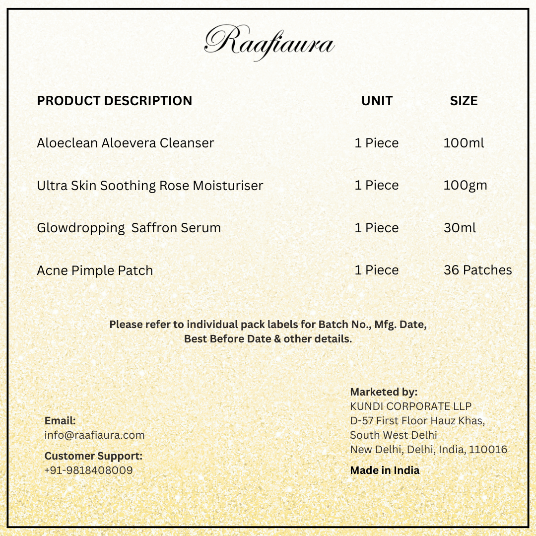 Raafiaura Gifting Box Divine Blossom featuring skin care products including cleanser, moisturizer, serum, and acne patches