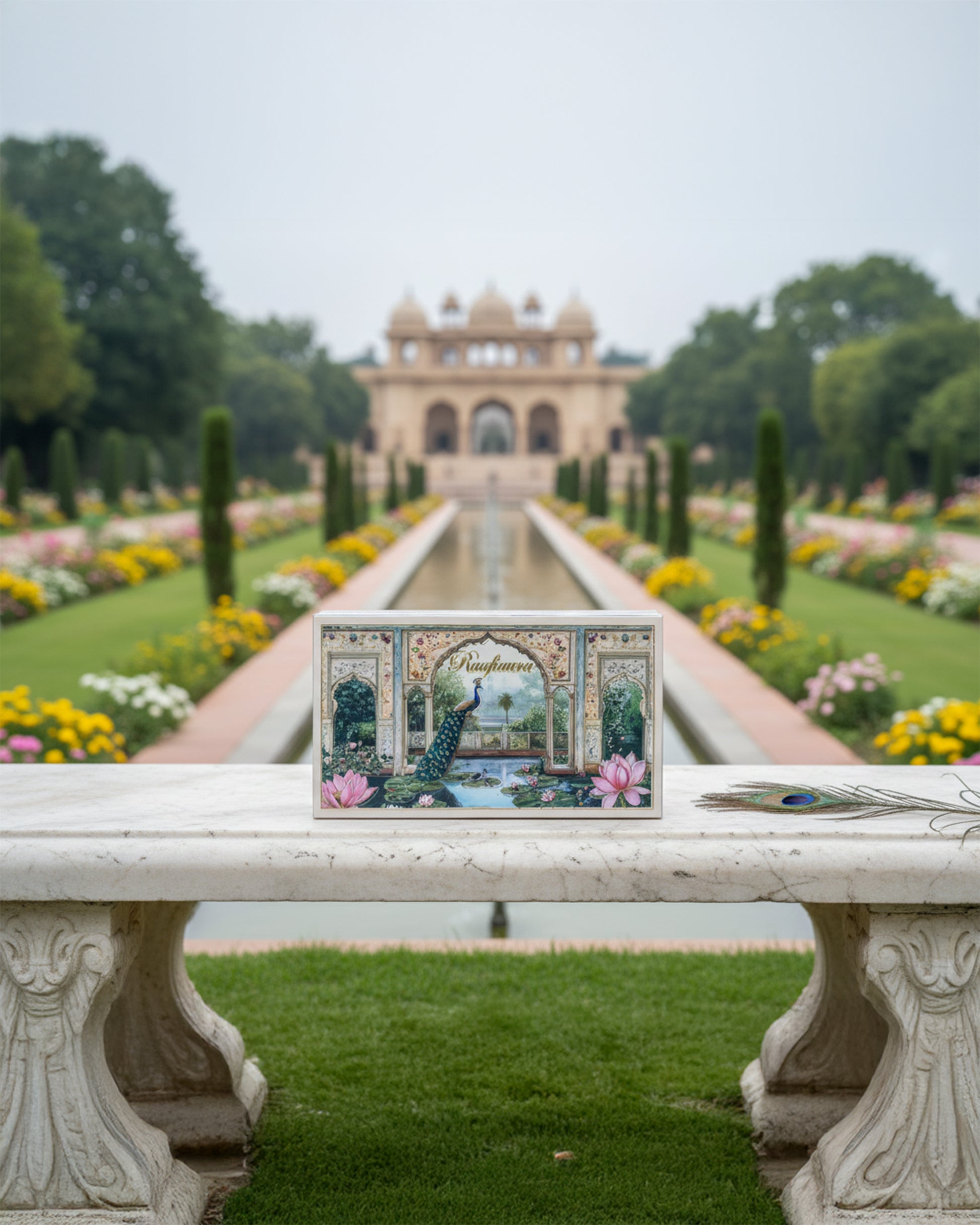 Raafiaura Gifting Box Mystique Elegance displayed in a picturesque garden setting