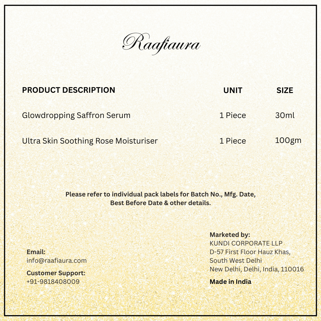 Raafiaura Gifting Box Mystique Elegance featuring Glowdropping Saffron Serum and Ultra Skin Soothing Rose Moisturiser