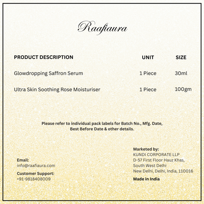 Raafiaura Gifting Box Mystique Elegance featuring Glowdropping Saffron Serum and Ultra Skin Soothing Rose Moisturiser