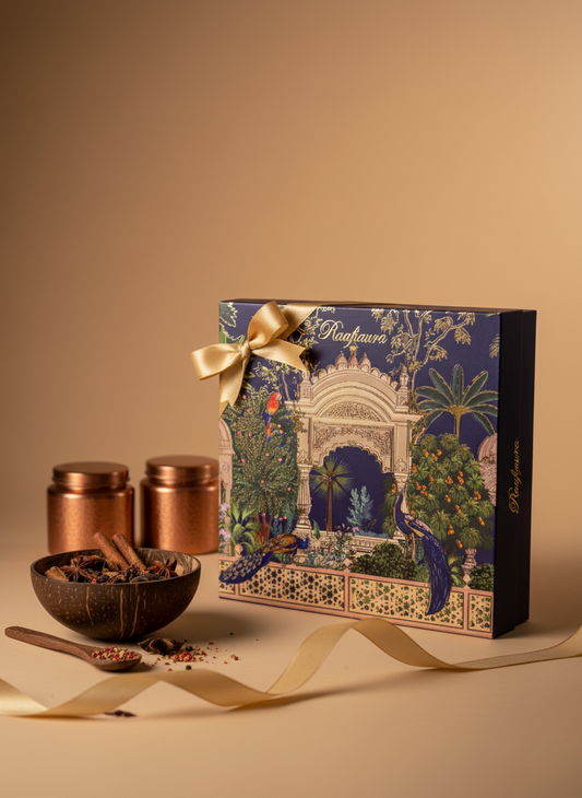 Raafiaura Gifting-Royal Aura gift box featuring intricate design, spices, and decorative elements