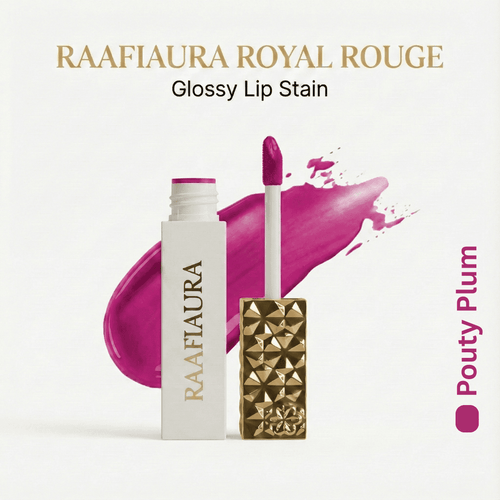 Raafiaura Royal Rouge Glossy Lip Stain in Pouty Plum with applicator for vibrant color