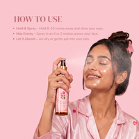 Raafiaura Pink Peta Face Mist being applied on a woman's face for a refreshing skincare routine