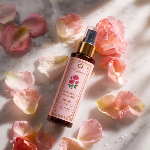 Raafiaura Pink Peta Face Mist in a spray bottle surrounded by pink rose petals