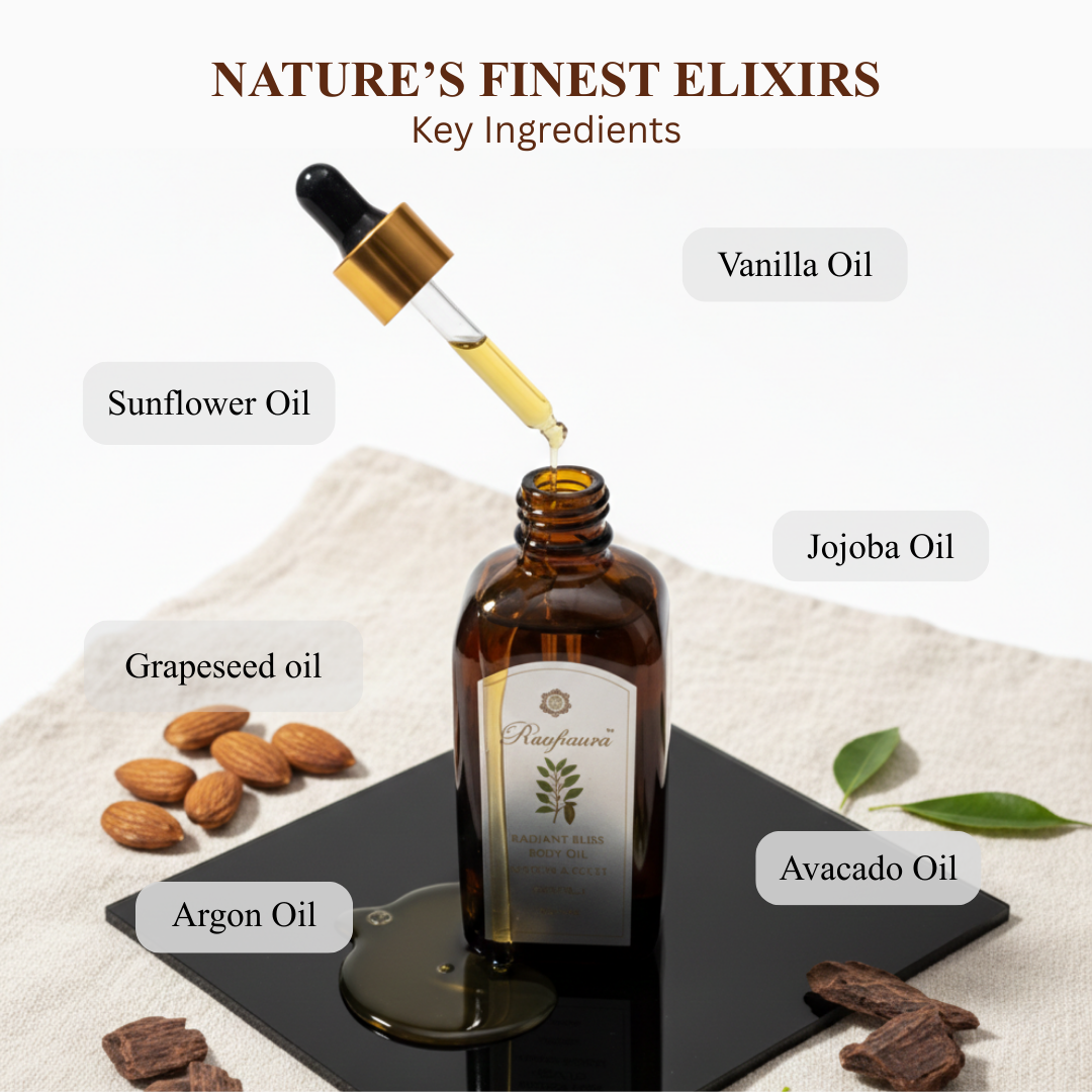 Raafiaura Radiant Bliss Body Oil with key ingredients like Vanilla, Jojoba, and Grapeseed Oils