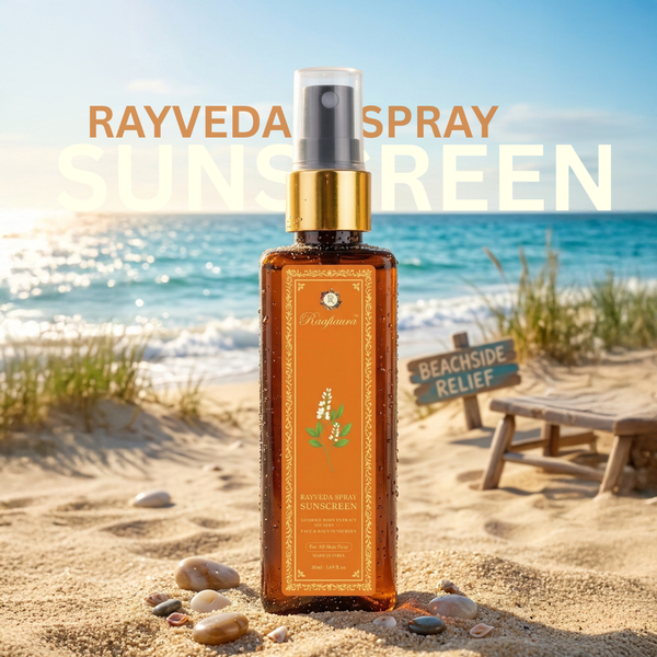 Raafiaura Rayveda Spray Sunscreen in a beach setting for effective sun protection and skincare