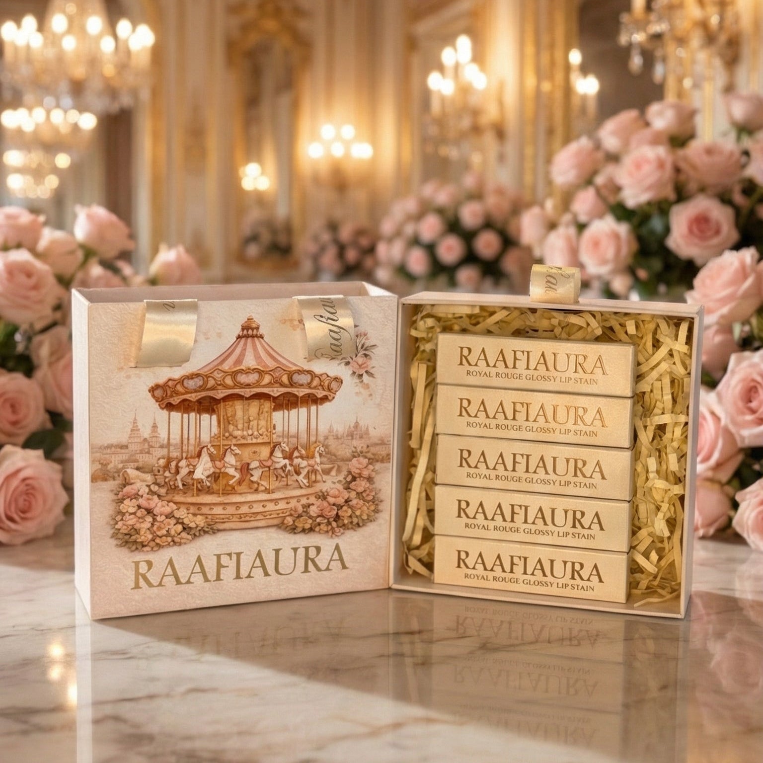 Raafiaura Royal Riches Cosmetics Gift Box featuring glossy lip stains in an elegant presentation