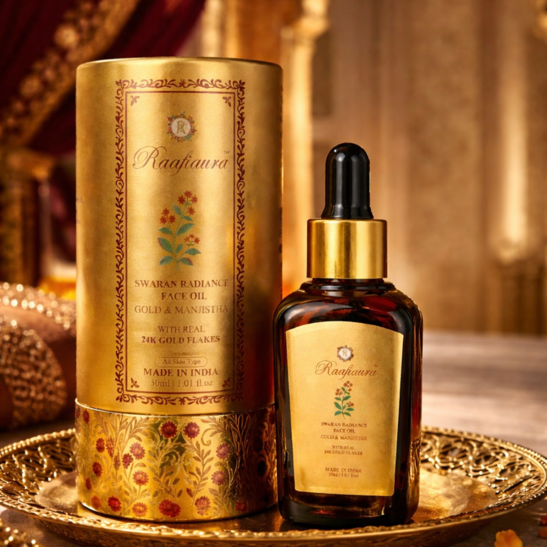 Raafiaura Swarna Radiance Face Oil in an elegant bottle with gold packaging, designed for glowing skin
