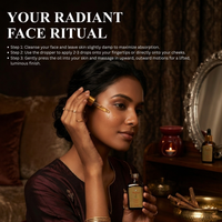 Woman applying Raafiaura Swarna Radiance Face Oil to her cheek for a luminous finish
